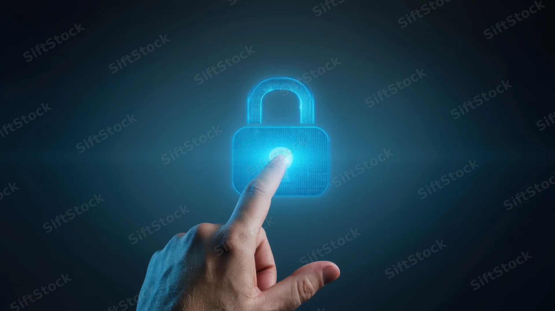 Hand touching a glowing blue digital lock in a dark space
