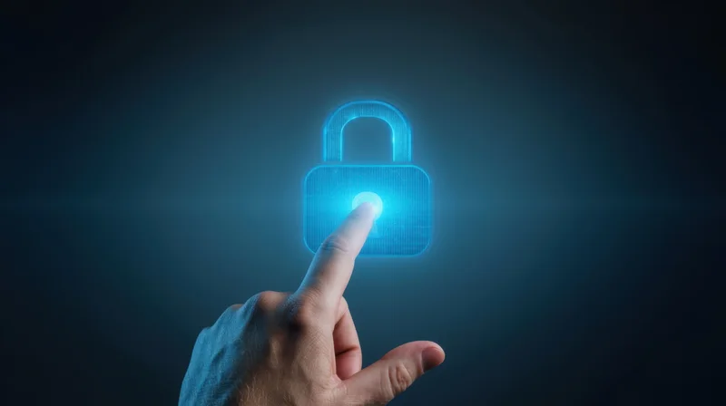 Hand touching a glowing blue digital lock in a dark space