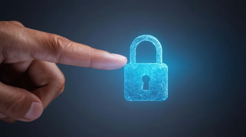Hand pointing at a glowing digital lock in a dark space