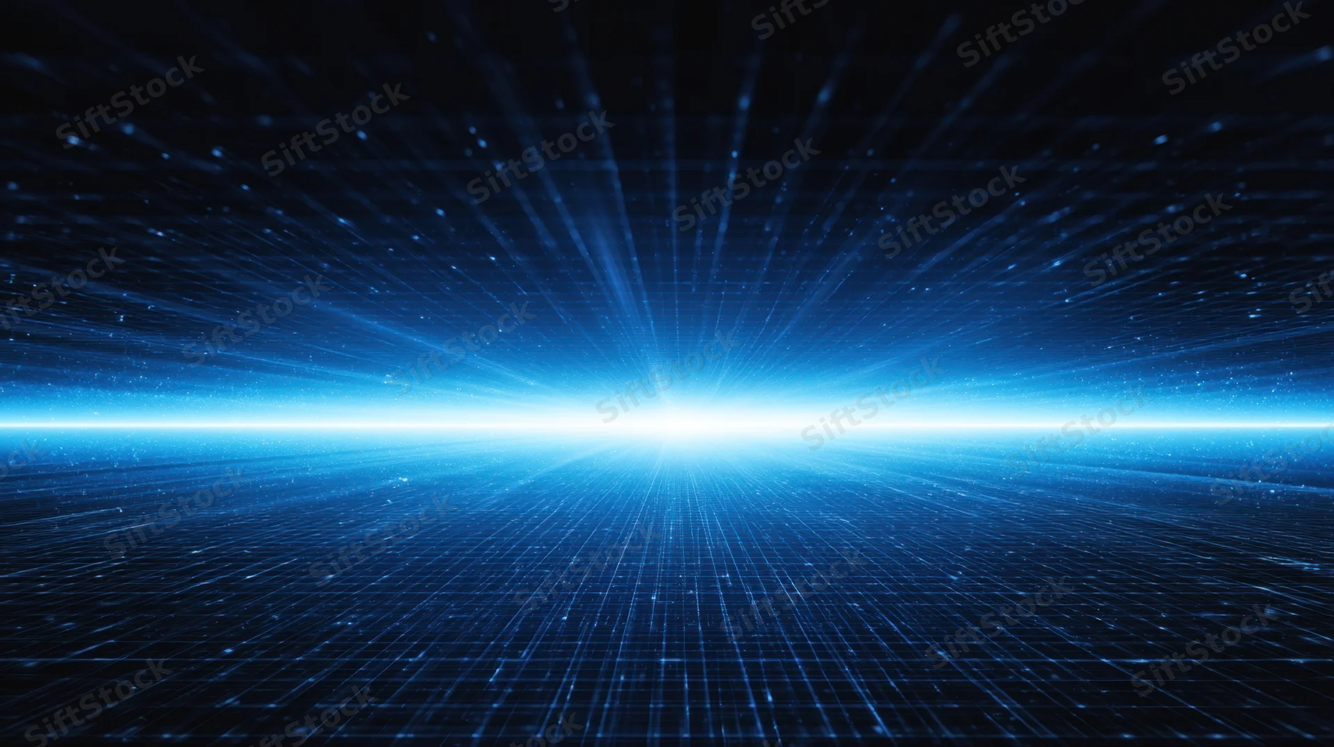 Digital grid glowing with blue light across a dark horizon
