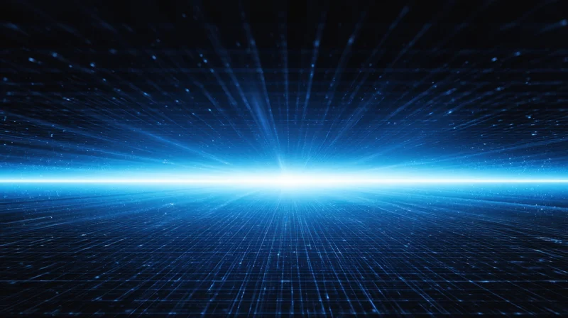 Digital grid glowing with blue light across a dark horizon