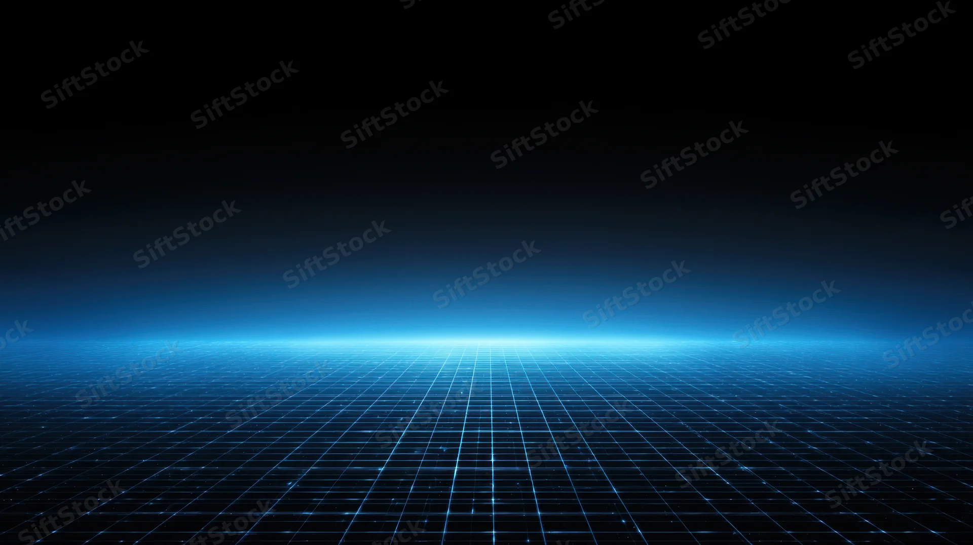 Glowing blue digital grid extending into the horizon against a dark background