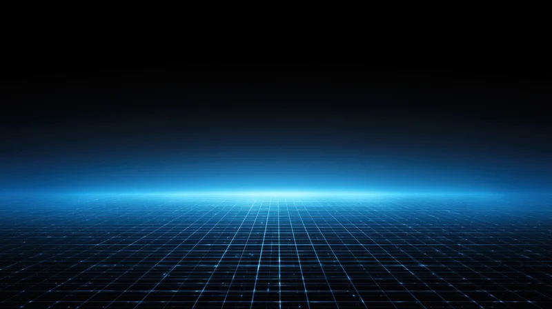 Glowing blue digital grid extending into the horizon against a dark background