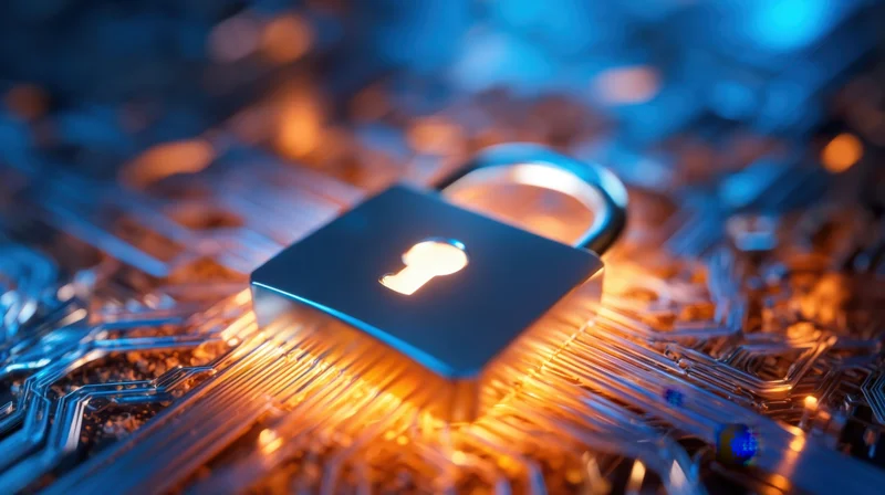 Glowing digital lock resting on illuminated circuit board
