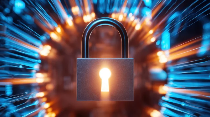 Glowing digital lock centered against blurred blue and orange light trails in a server environment