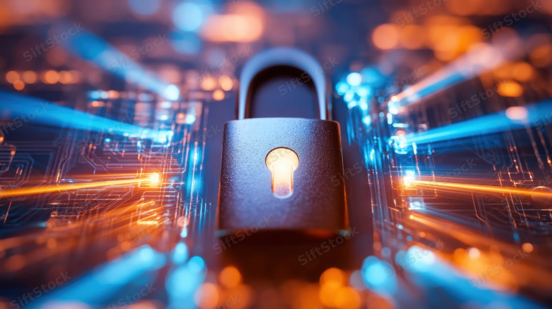 Digital lock on a glowing circuit board with blue and orange light trails