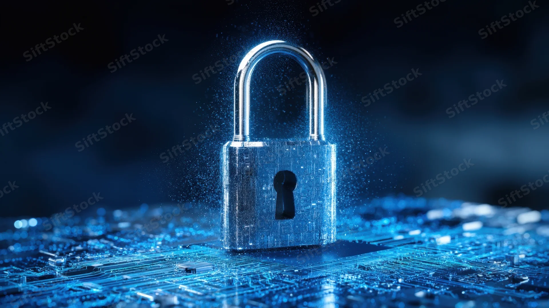 Digital lock glowing on a circuit board surface