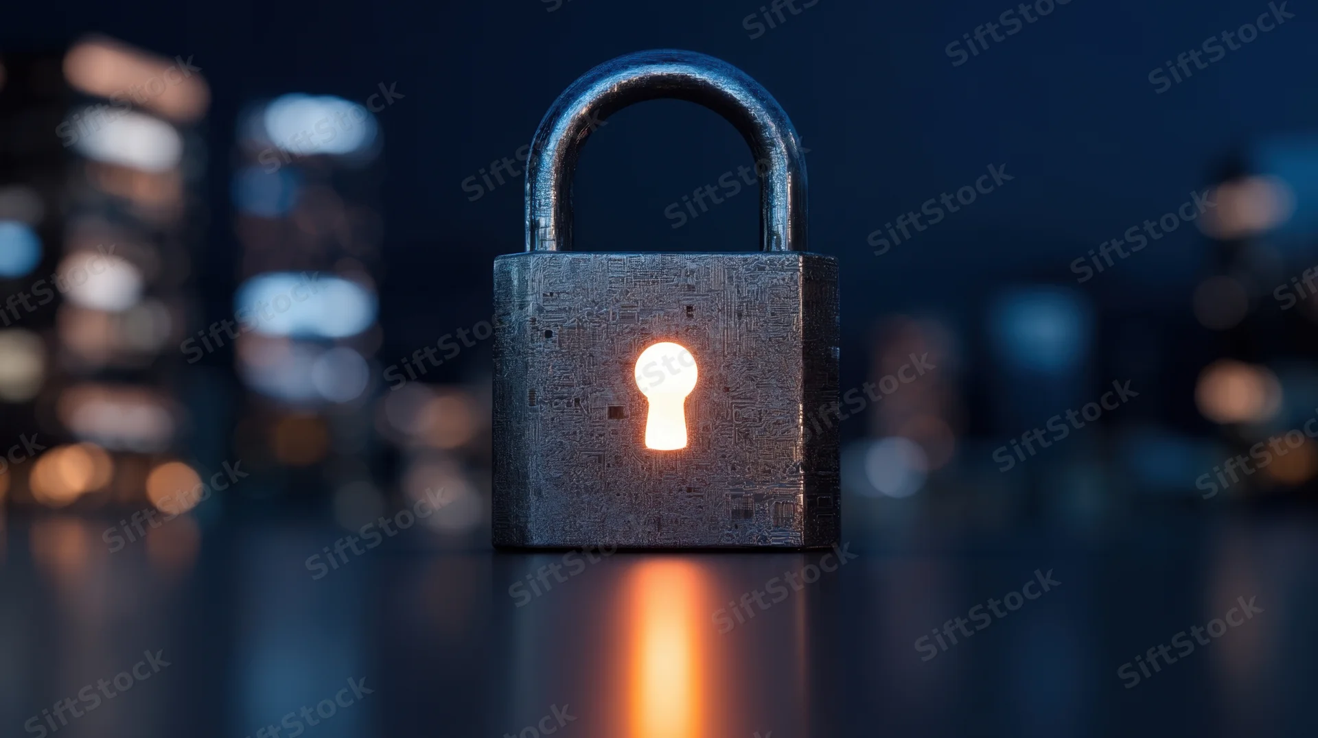 Digital lock with glowing keyhole on reflective surface against blurred city skyline at night