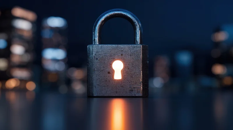 Digital lock with glowing keyhole on reflective surface against blurred city skyline at night