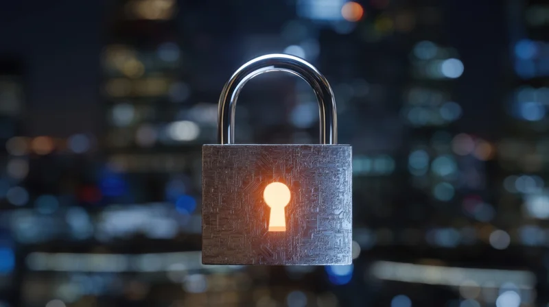 Glowing digital lock with circuit pattern against blurred city lights at night