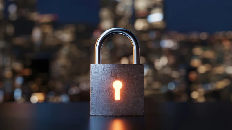 Glowing keyhole in a digital padlock on a dark surface with city lights blurred in the background