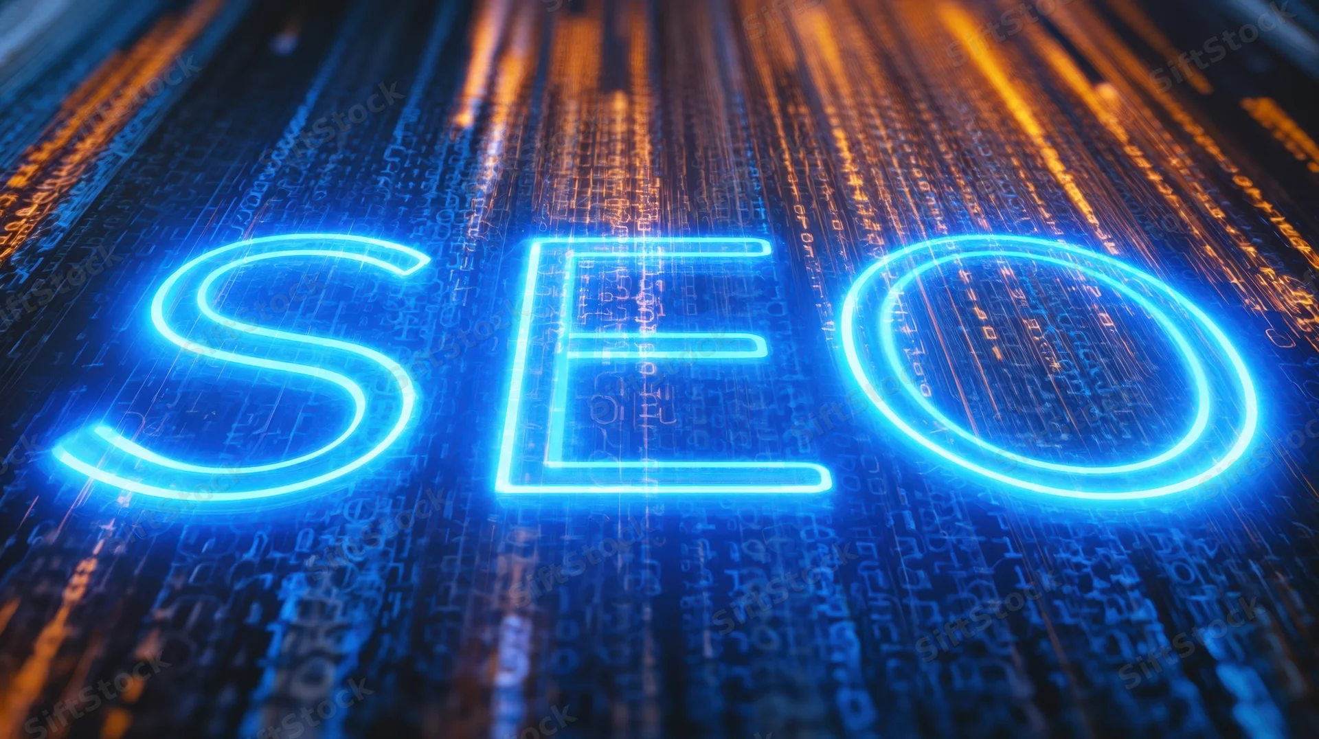 Glowing neon seo text over digital data stream background