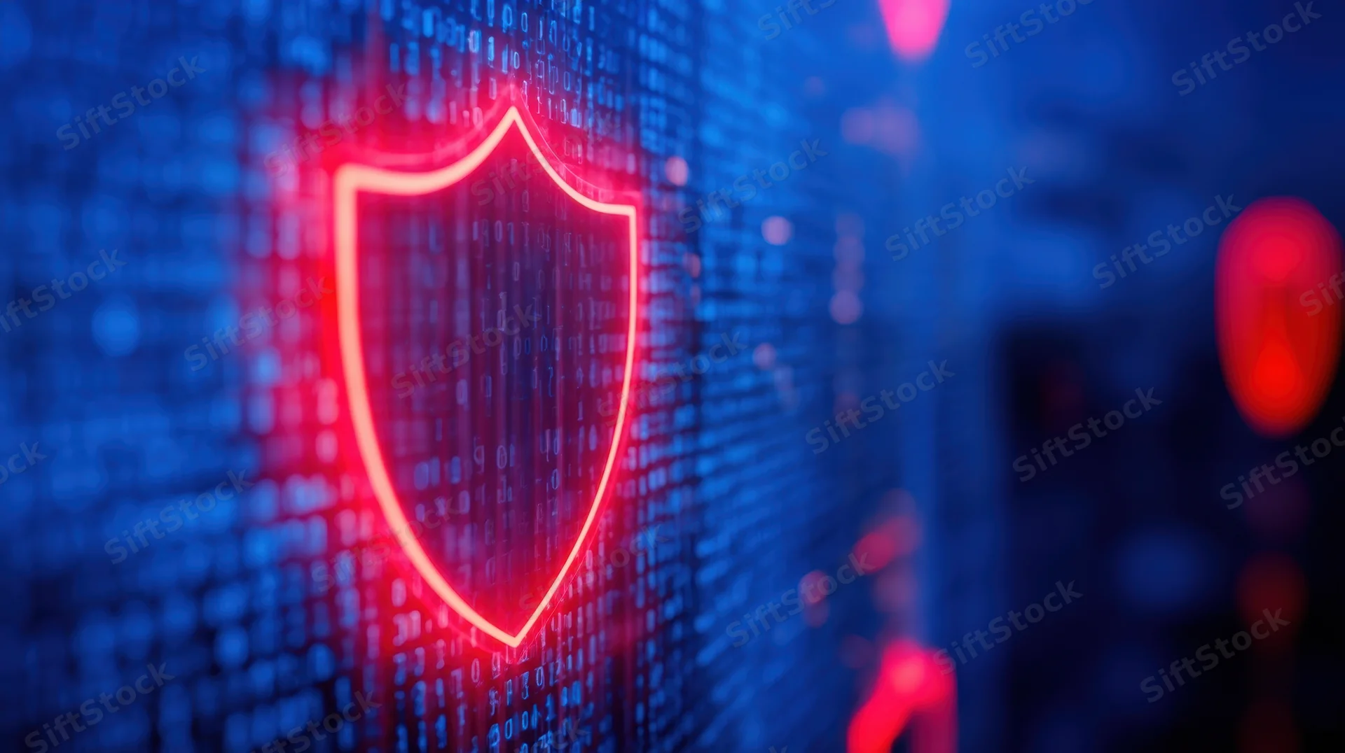 Glowing red shield symbol over digital binary code on blue background