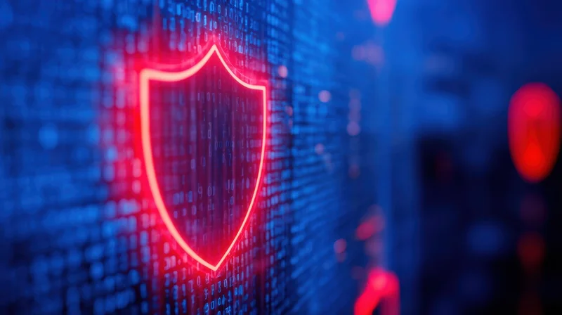 Glowing red shield symbol over digital binary code on blue background