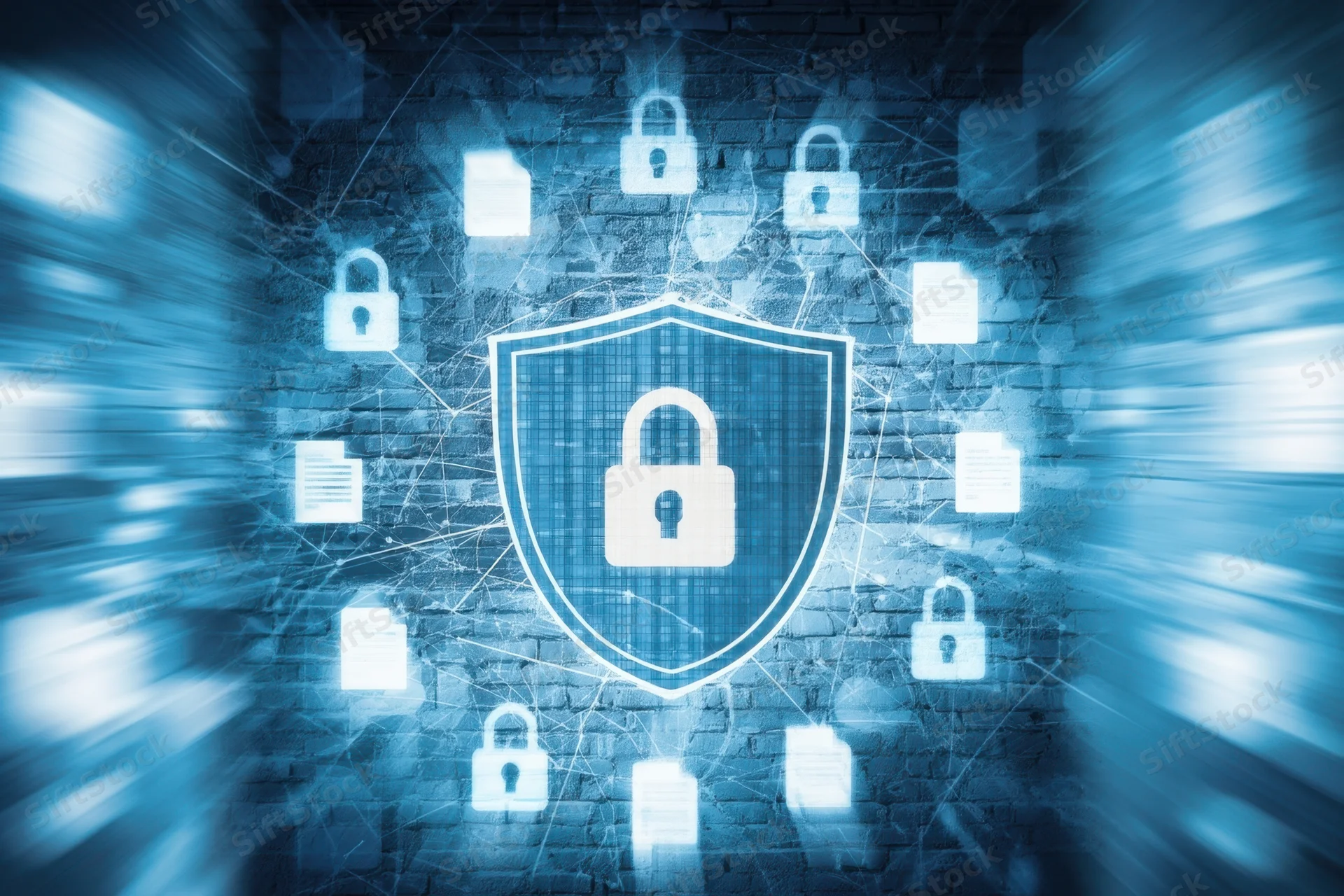Digital shield with glowing locks and data icons on a brick wall background