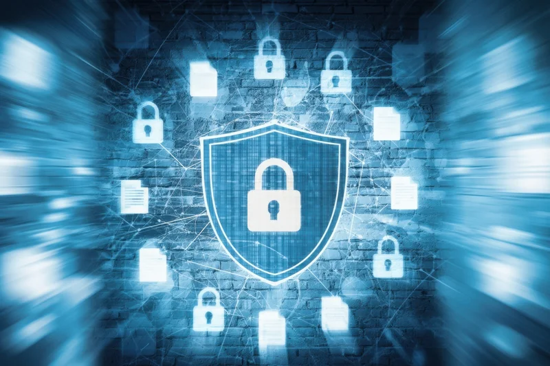 Digital shield with glowing locks and data icons on a brick wall background