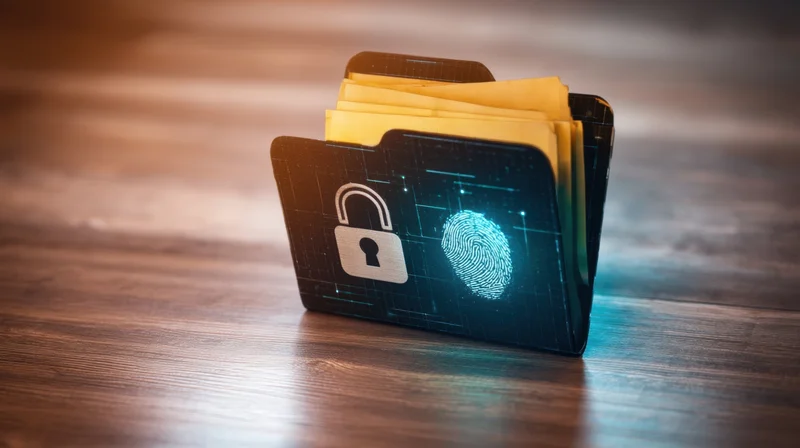 Digital folder with lock and fingerprint symbol on wooden desk