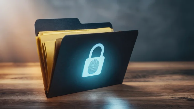 Digital folder with glowing lock symbol on wooden surface
