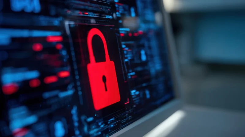 Red digital lock symbol on computer screen displaying security interface