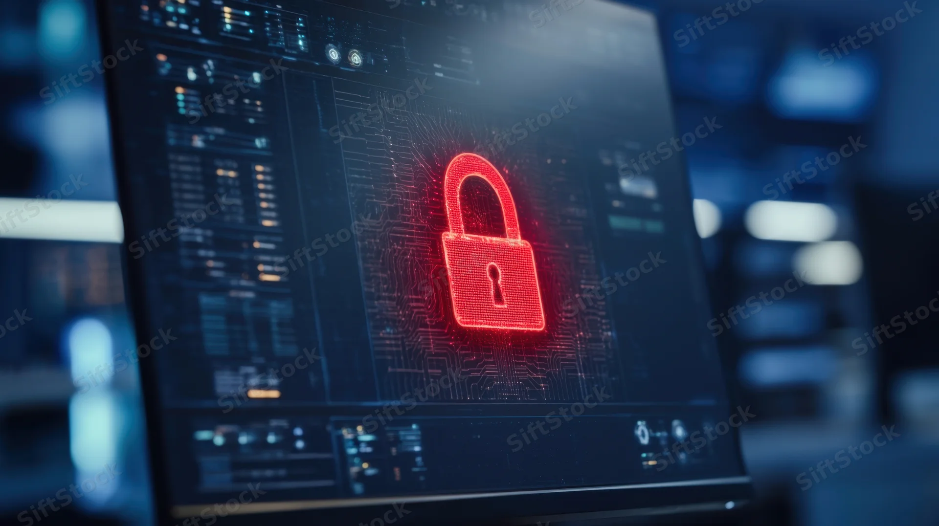 Glowing red digital lock on computer screen displaying cybersecurity interface in dark tech environment
