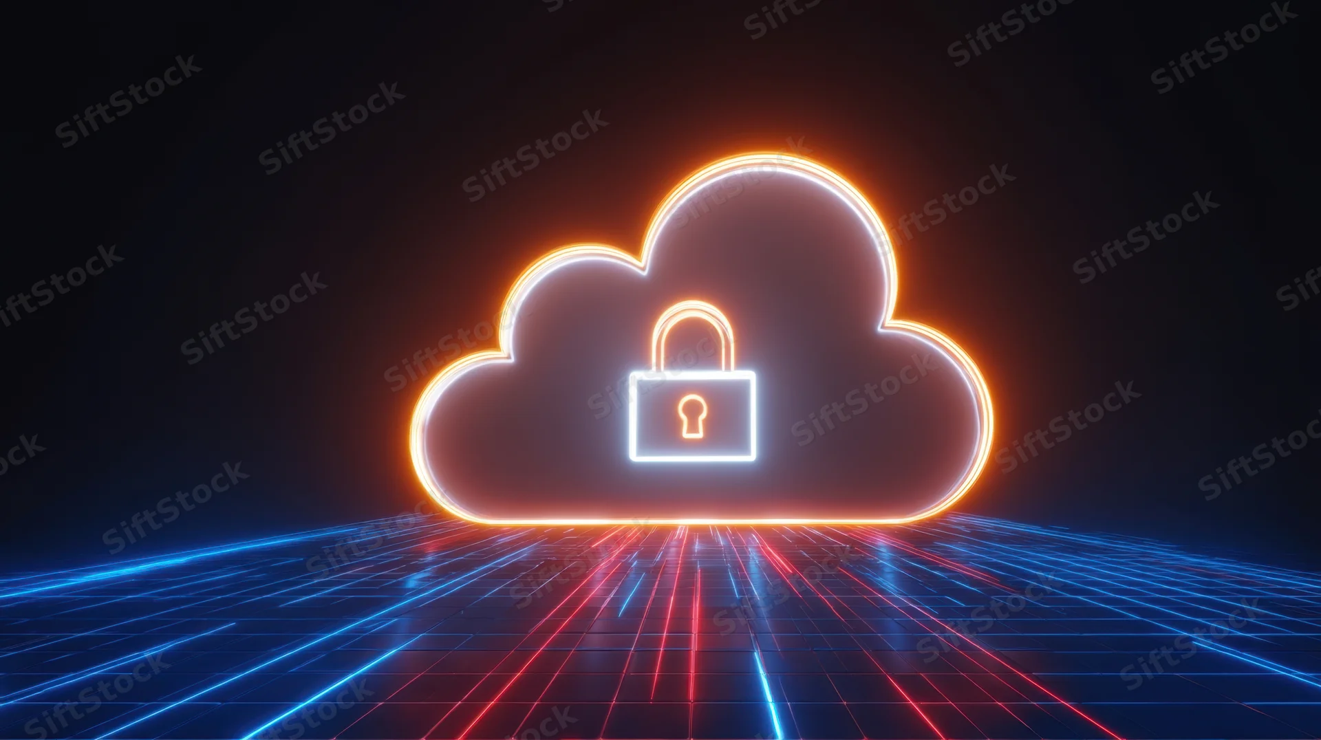 Glowing neon cloud with padlock symbol floating above a digital grid floor