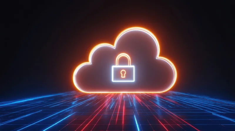 Glowing neon cloud with padlock symbol floating above a digital grid floor