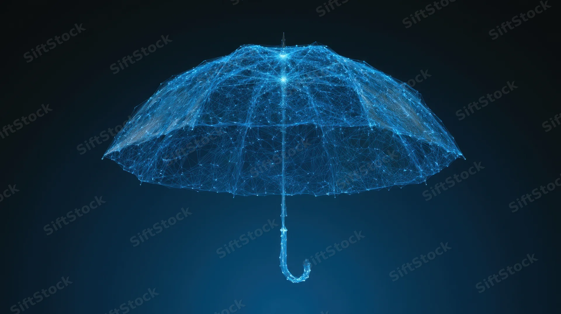 Digital umbrella formed from glowing blue network nodes floating in dark space