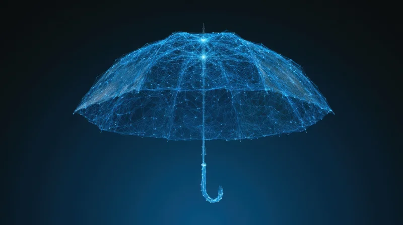 Digital umbrella formed from glowing blue network nodes floating in dark space