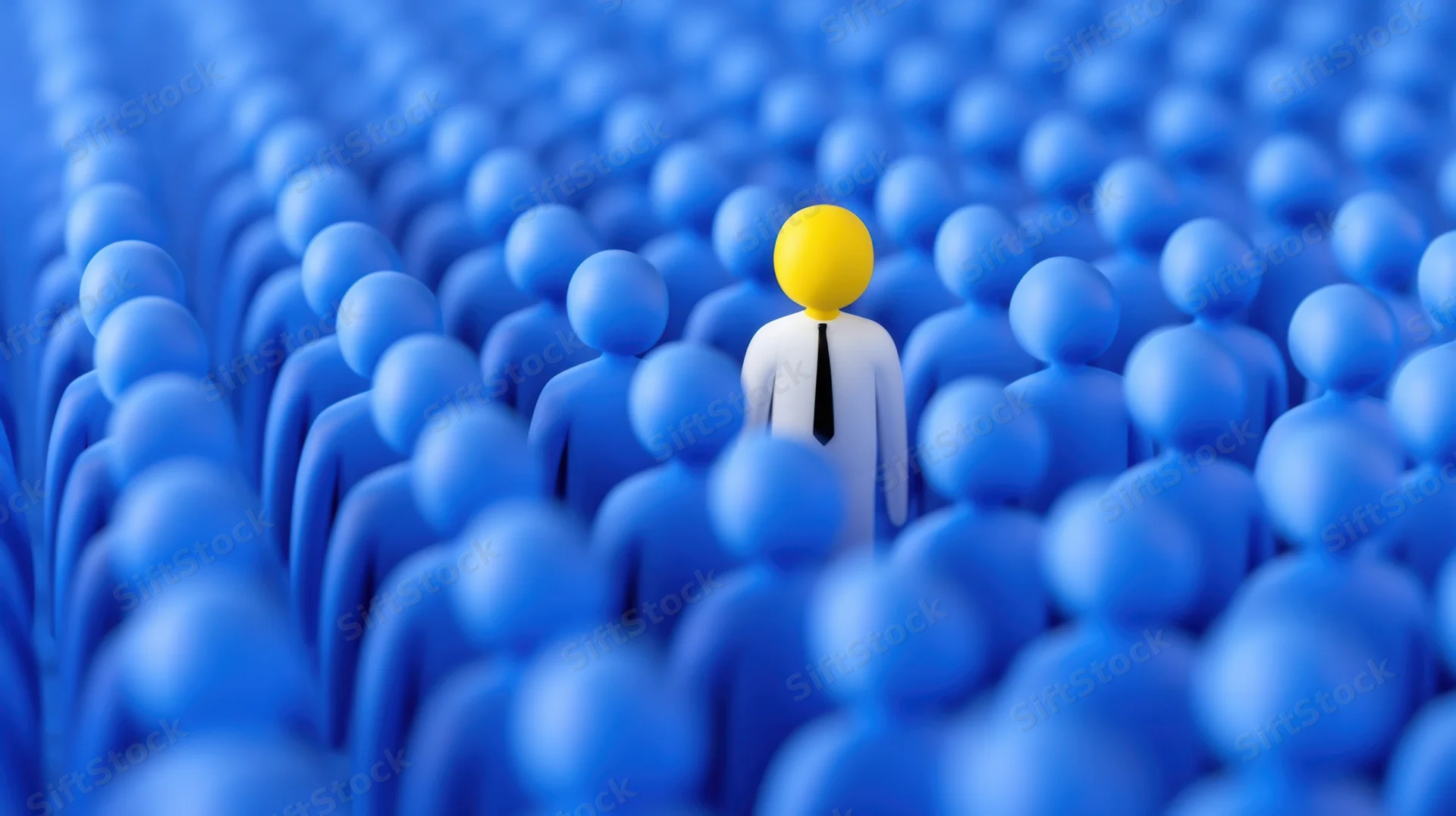 Yellow figure standing among blue figures in a crowd formation