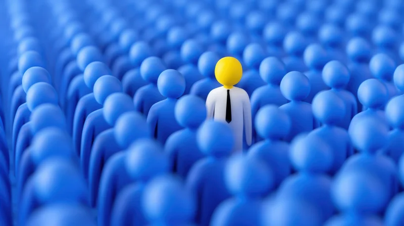 Yellow figure standing among blue figures in a crowd formation