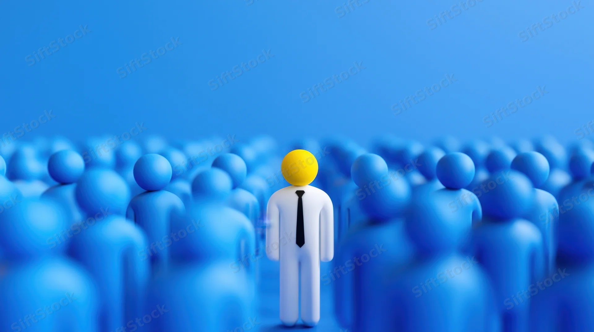 White figure with yellow head standing out among blue figures in a crowd