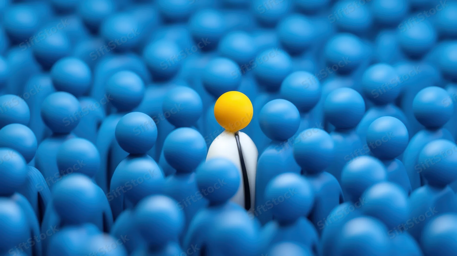 A yellow-headed figurine standing among blue ones in a dense crowd