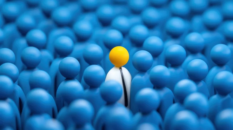 A yellow-headed figurine standing among blue ones in a dense crowd