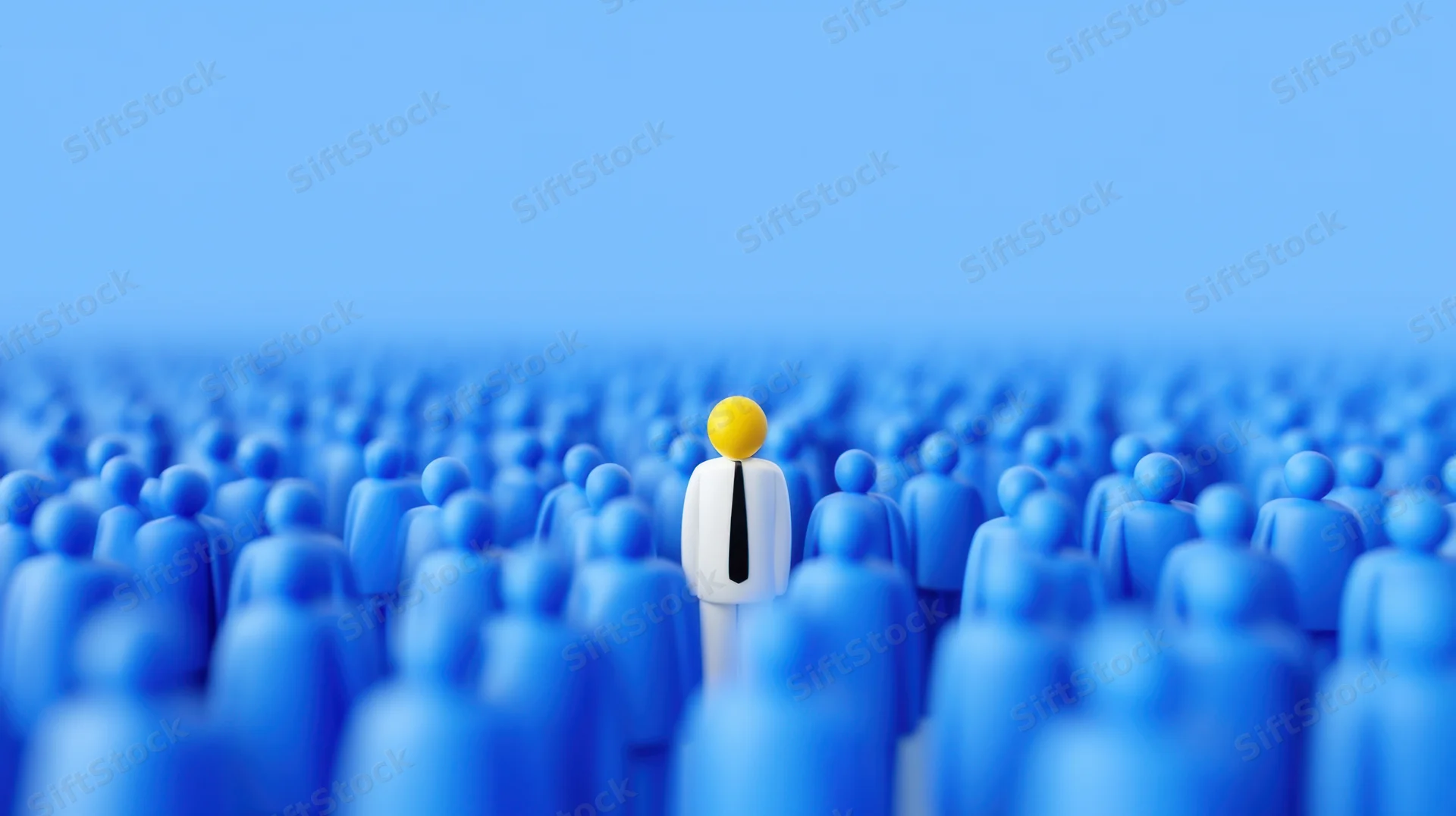 White figurine with yellow head standing among blue crowd in digital render