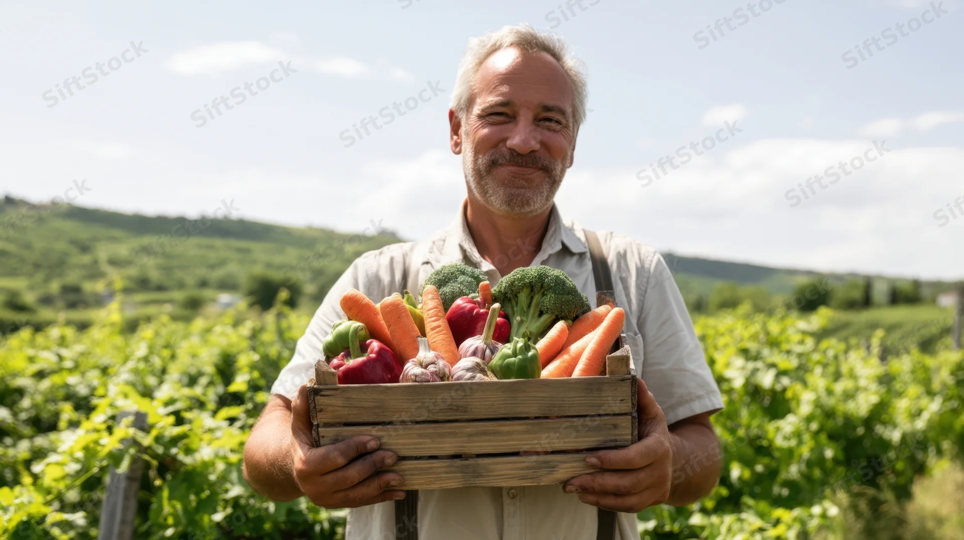 Senior male farmer smiling while holding a wooden crate full of fresh vegetables in a green field
