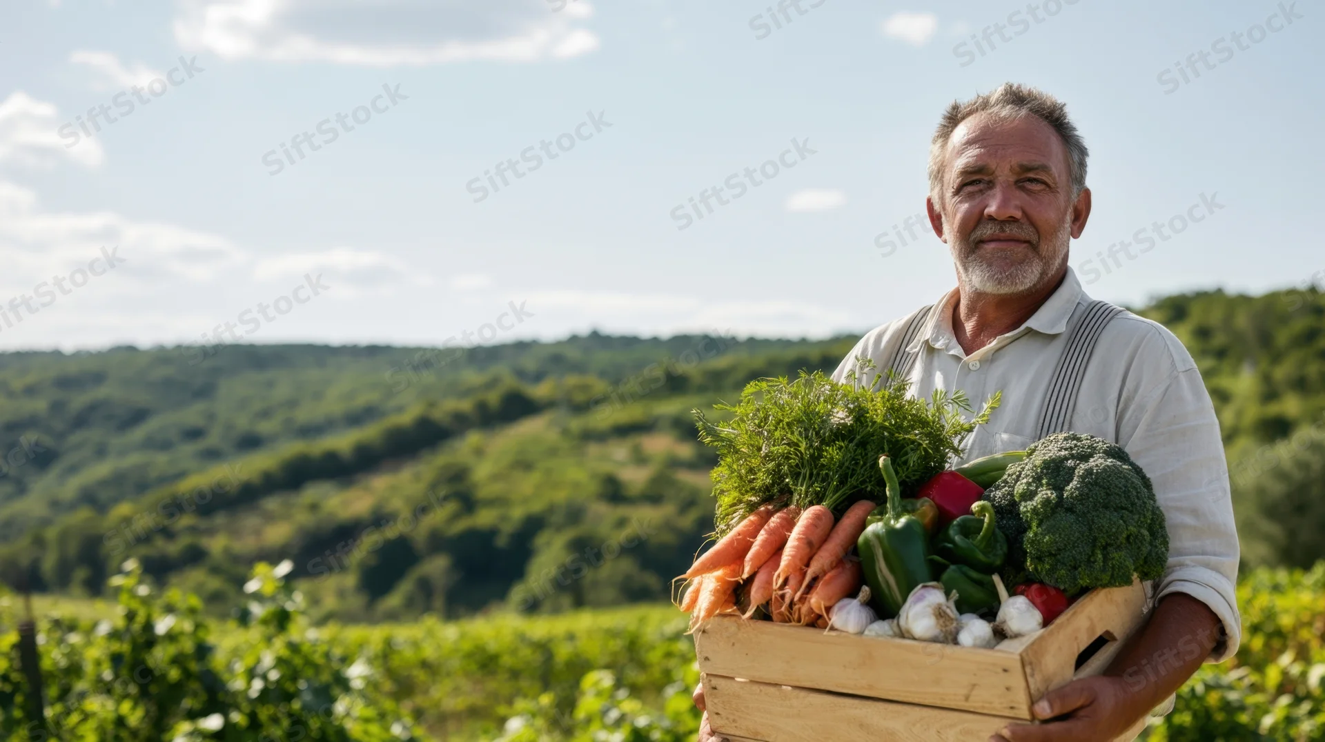 Senior male farmer holding wooden crate filled with fresh vegetables in a green field