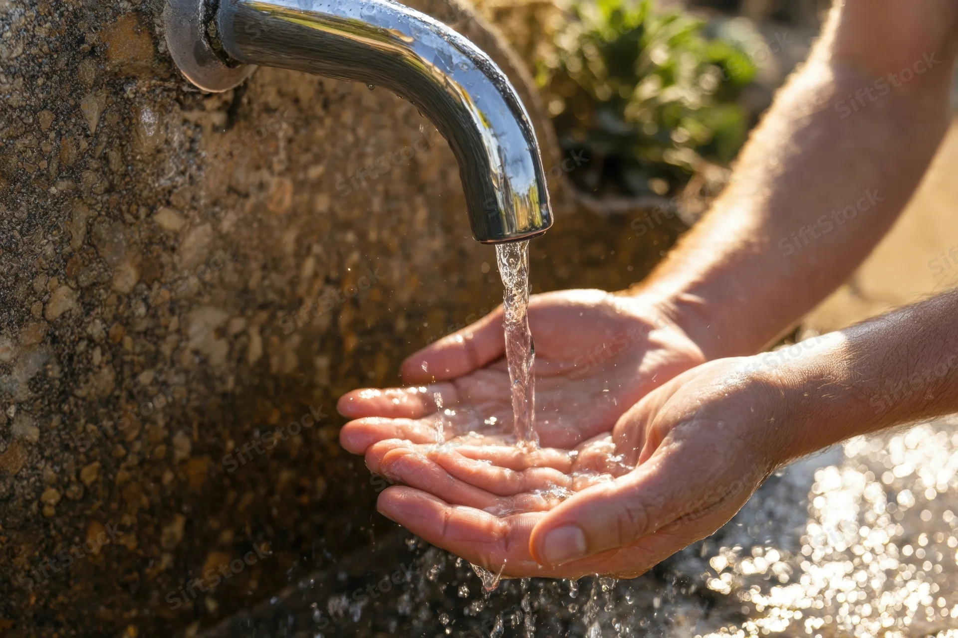 Hands cupping water flowing from a chrome faucet mounted on a stone wall outdoors