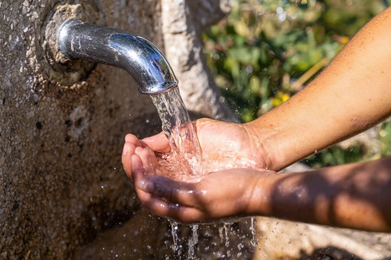 Hands cupping water flowing from a chrome faucet outdoors