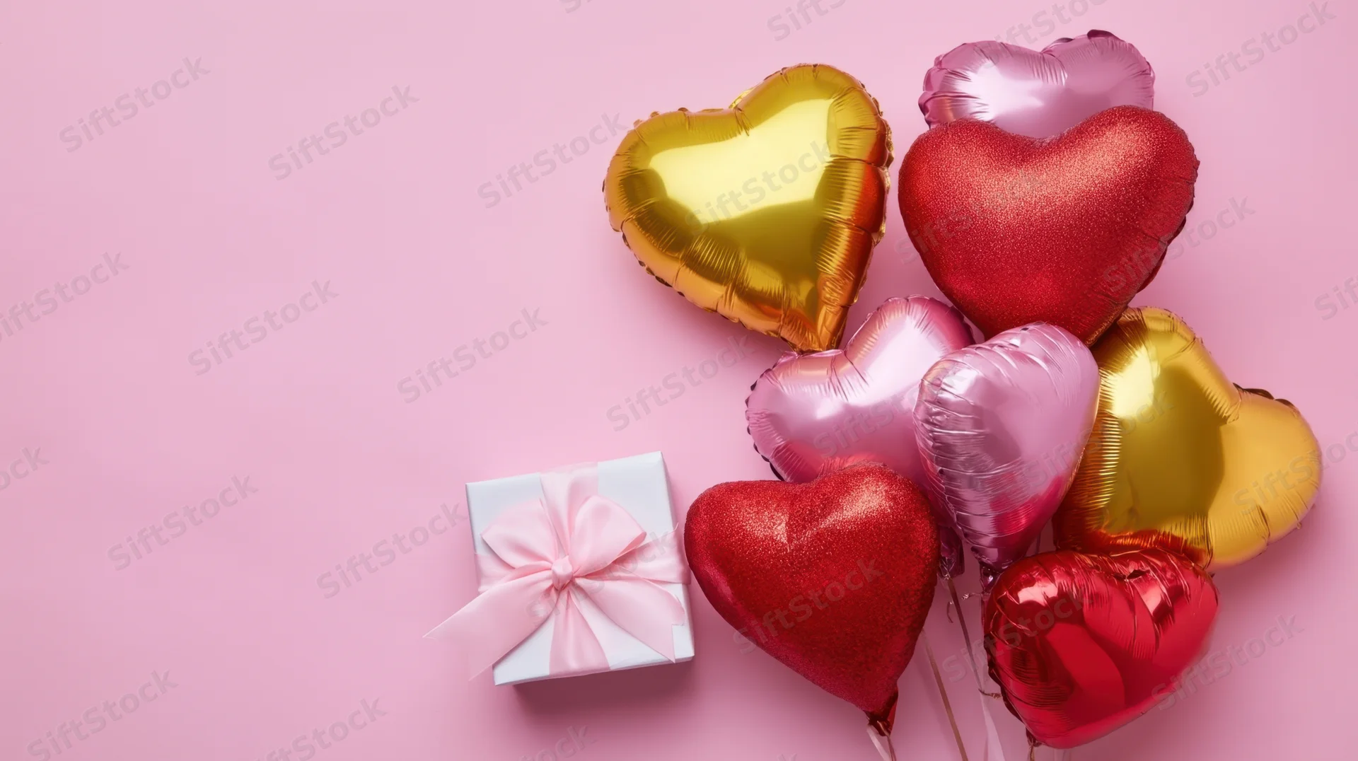 Heart-shaped balloons and a gift box arranged on a pink background