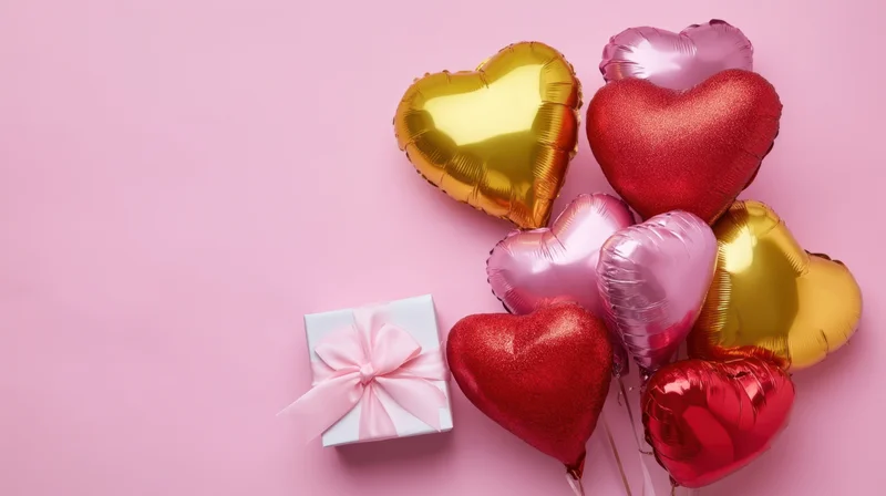 Heart-shaped balloons and a gift box arranged on a pink background