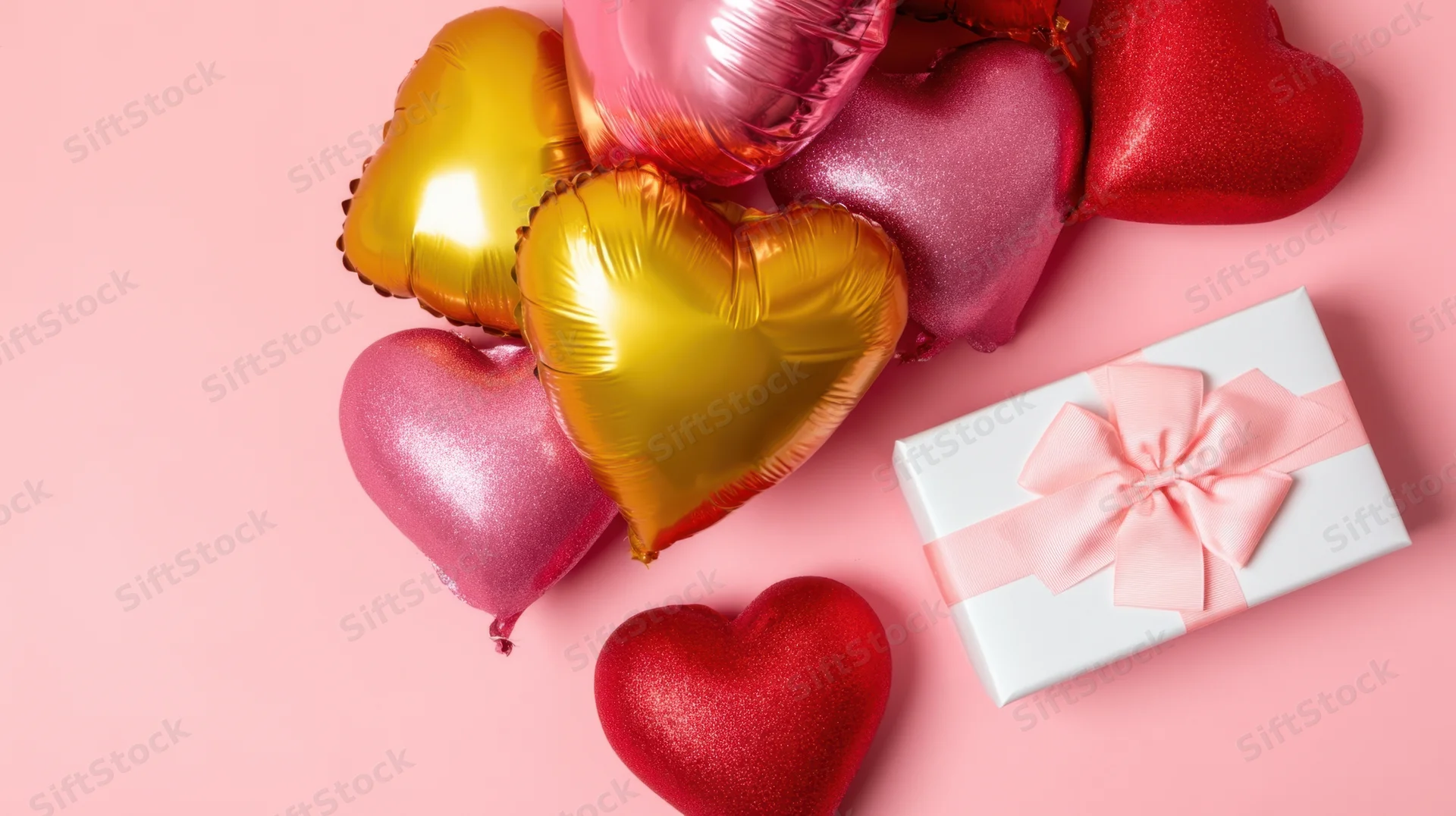 Heart-shaped balloons and a gift box arranged on a pink surface