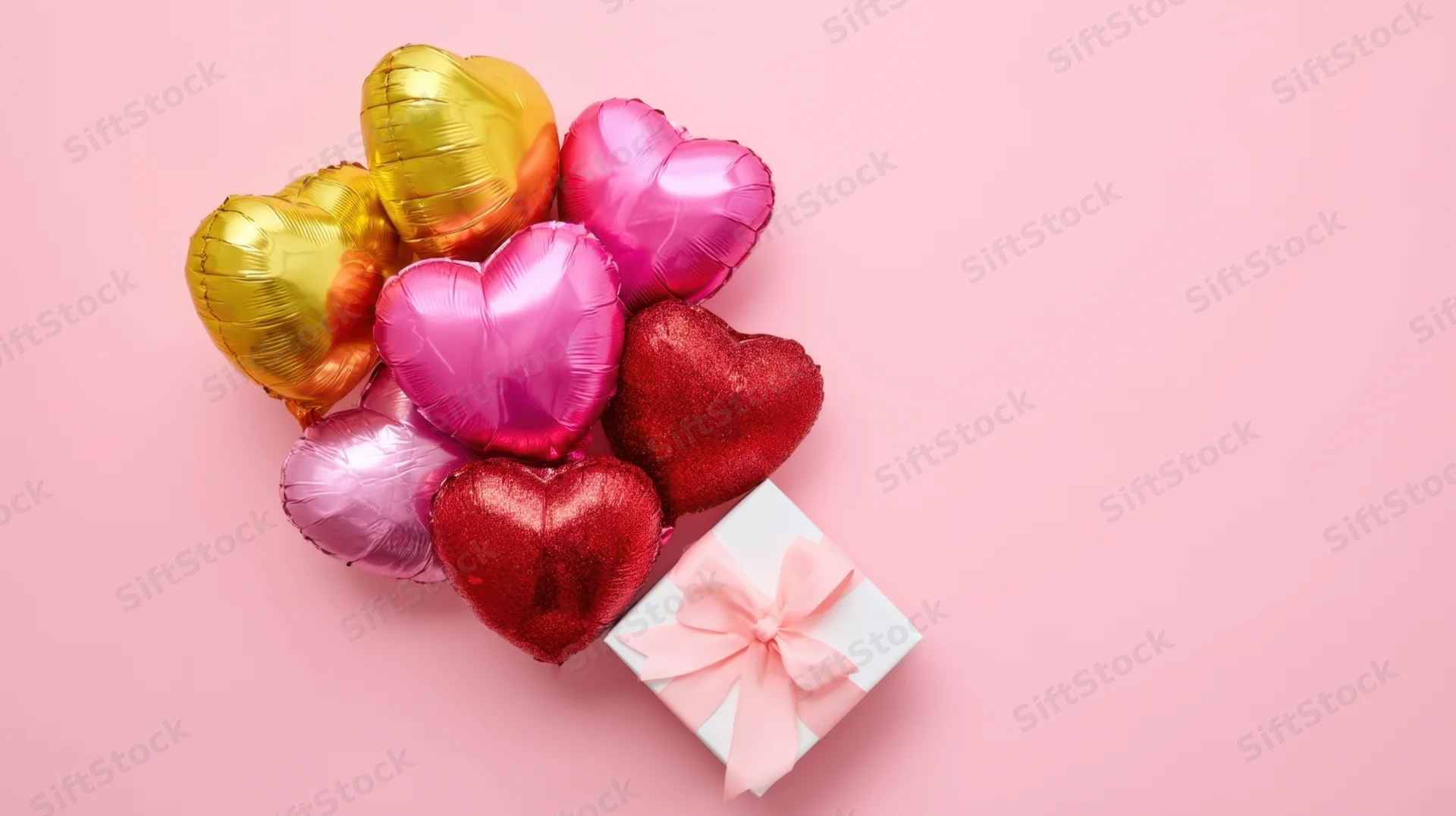 Heart-shaped foil balloons and a gift box with ribbon arranged on a pink surface