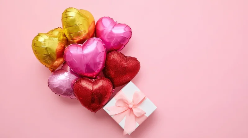 Heart-shaped foil balloons and a gift box with ribbon arranged on a pink surface