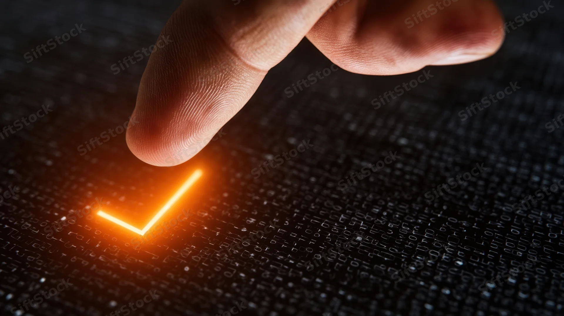 Finger touching glowing orange checkmark on digital screen with binary code background