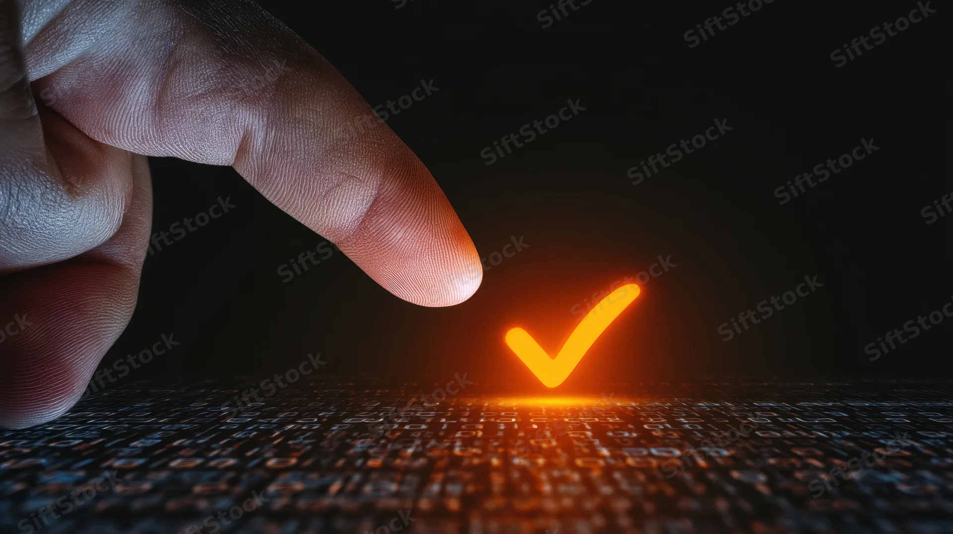 Finger touching glowing orange checkmark on digital surface with binary code background