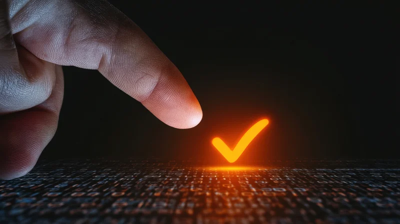 Finger touching glowing orange checkmark on digital surface with binary code background