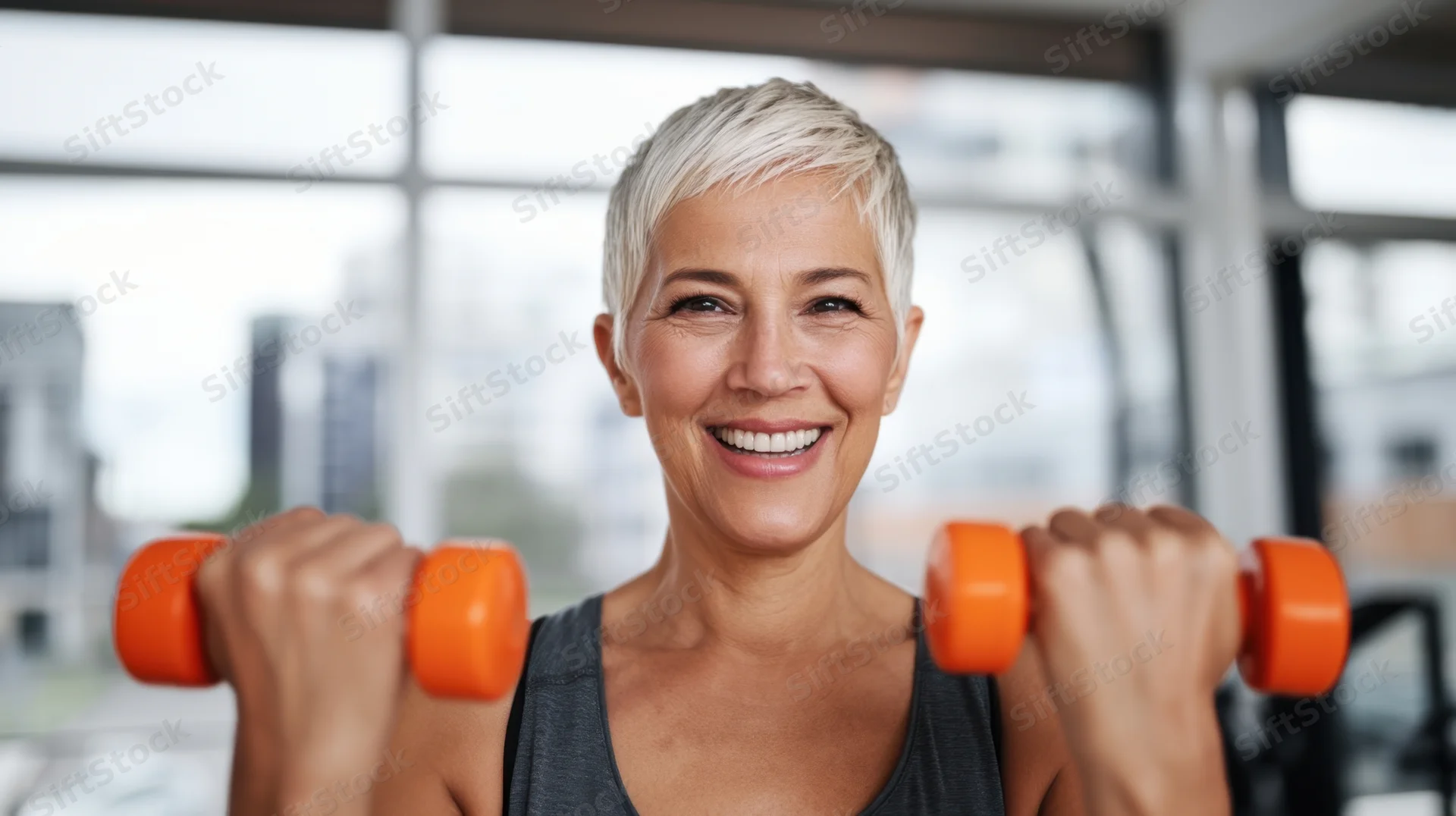 Smiling senior woman lifting orange dumbbells in a gym with city view through windows