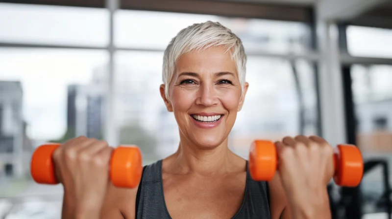 Smiling senior woman lifting orange dumbbells in a gym with city view through windows