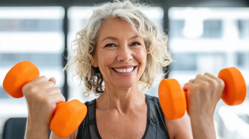Senior woman smiling while lifting orange dumbbells in a gym