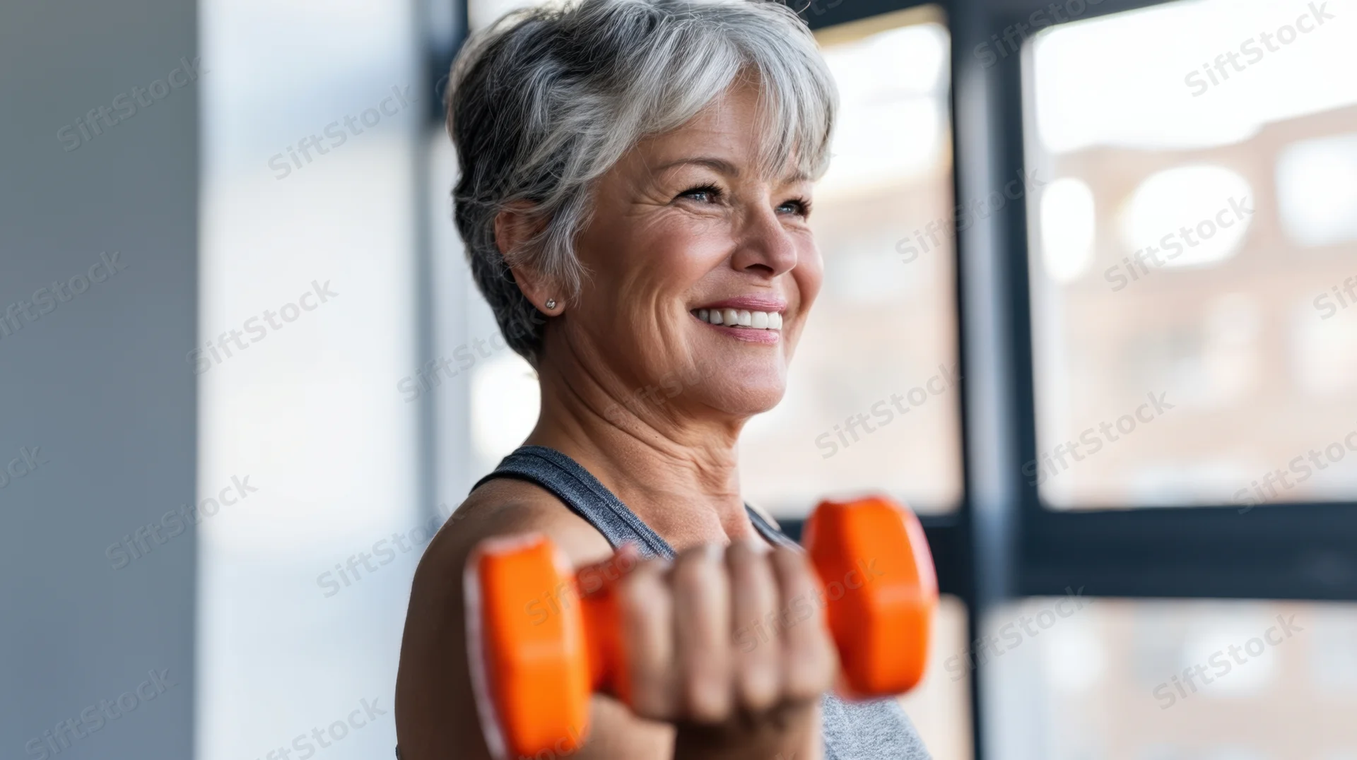 Senior woman smiling while lifting orange dumbbells indoors near a window